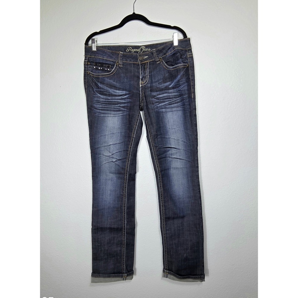 Y2K Request Jeans Womens 13/32 Dark Wash Rhinestone Cross Embellished Straight L